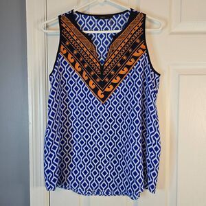 THML Blouse Womens Size Small Orange Blue Geometric Sleeveless Vneck‎ Bold Print